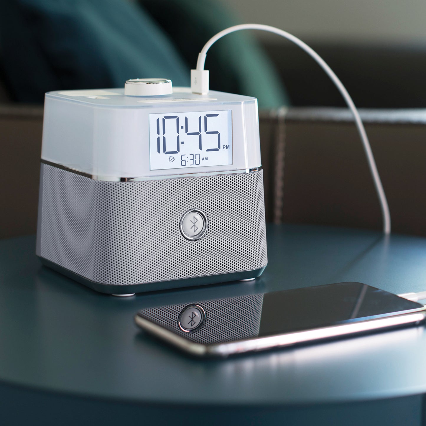 CubieBlue White Hotel single day alarm clock with USB ports, power outlets and a bluetooth speaker