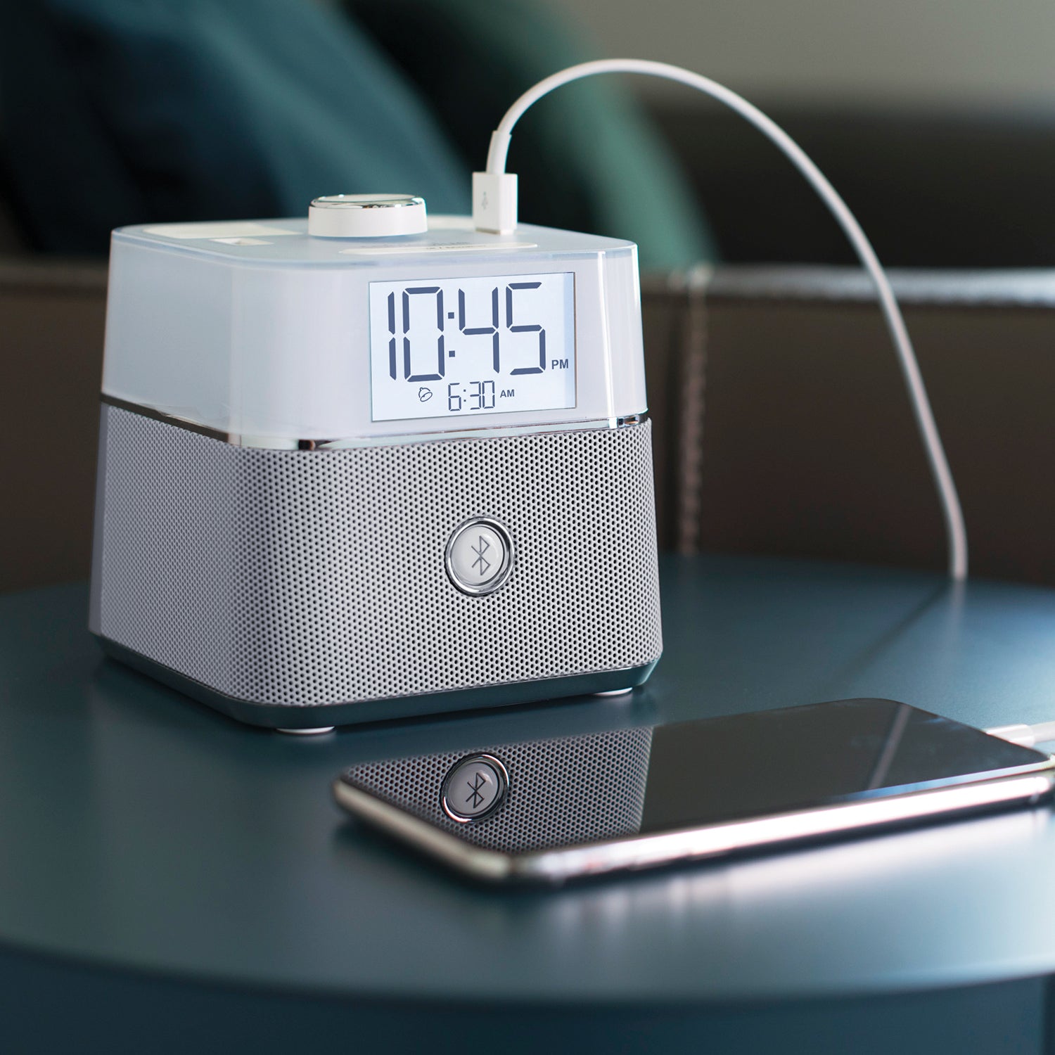 CubieBlue White Hotel single day alarm clock with USB ports, power outlets and a bluetooth speaker