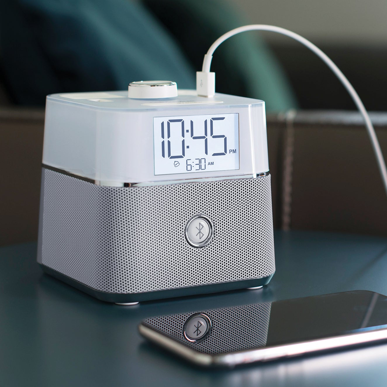 CubieBlue White Hotel single day alarm clock with USB ports, power outlets and a bluetooth speaker