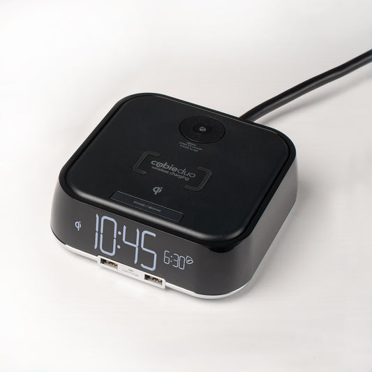 CubieDuo Hotel single day alarm clock with wireless charging and USB ports