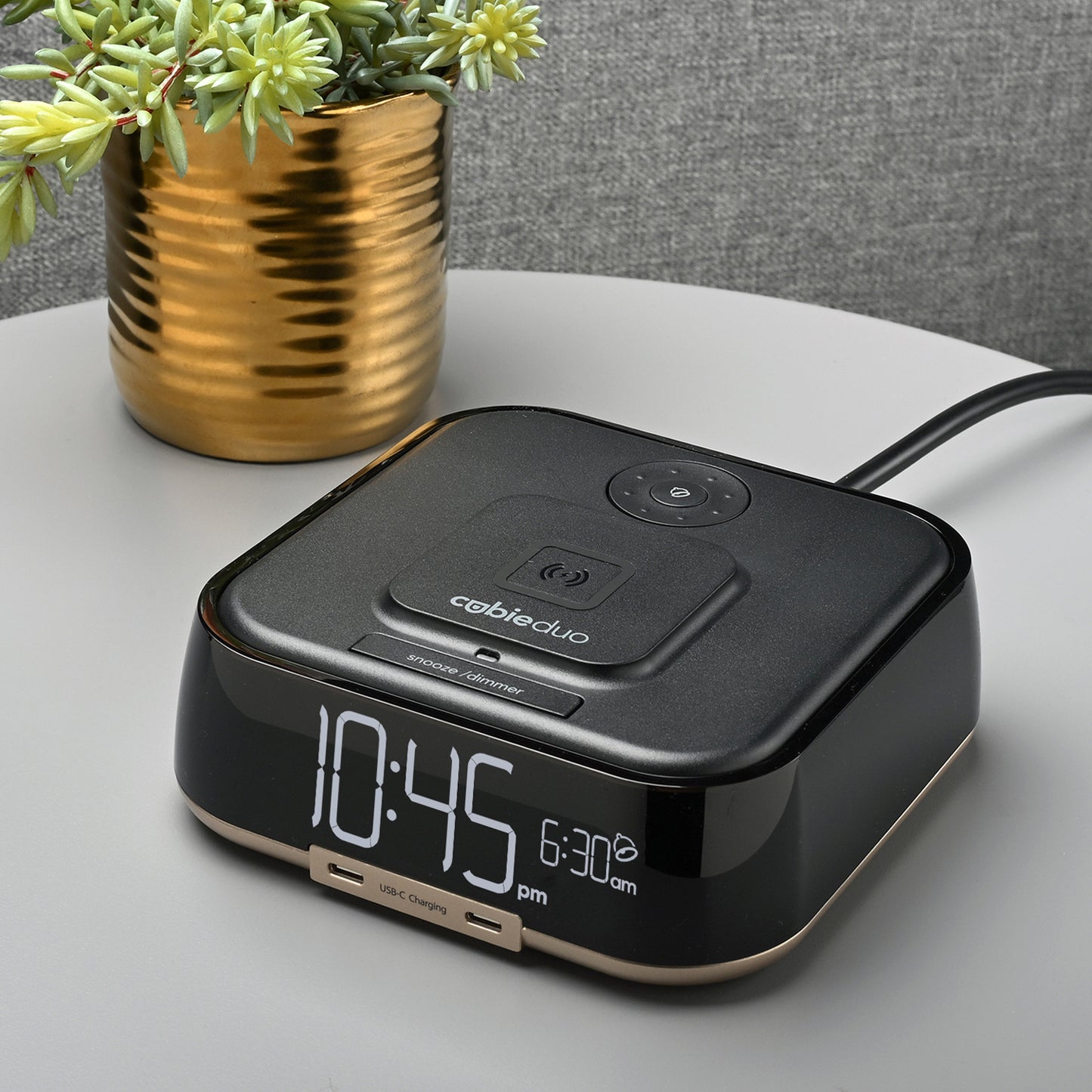 CubieDuo Hotel single day alarm clock with magnetic wireless charging and USB ports