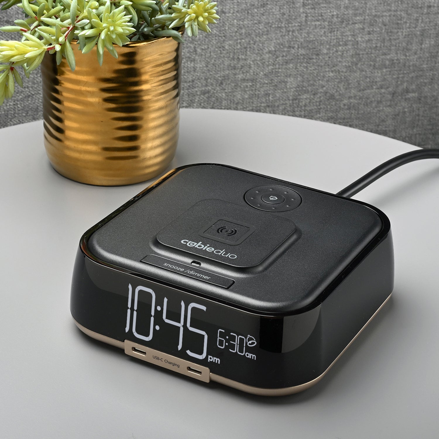 CubieDuo Hotel single day alarm clock with magnetic wireless charging and USB ports