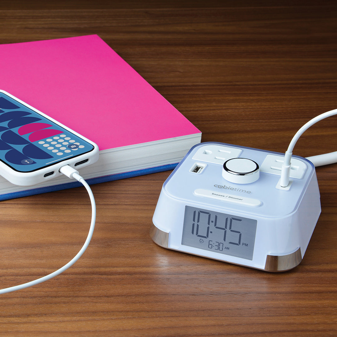 CubieTime White Hotel single day alarm clock with USB ports and power outlets