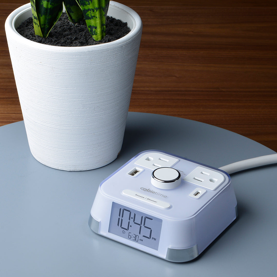 CubieTime Hotel single day alarm clock with USB ports and power outlets