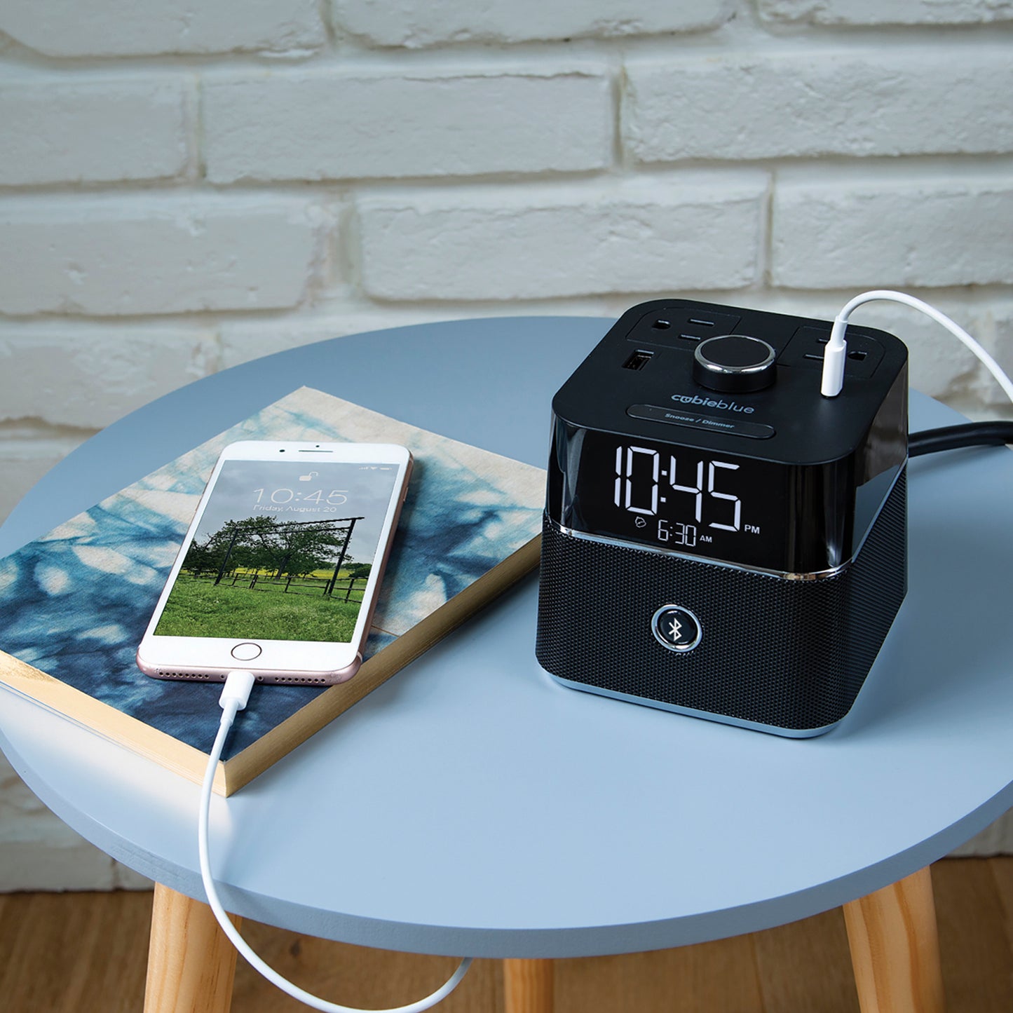 CubieBlue Hotel single day alarm clock with USB ports, power outlets and a bluetooth speaker