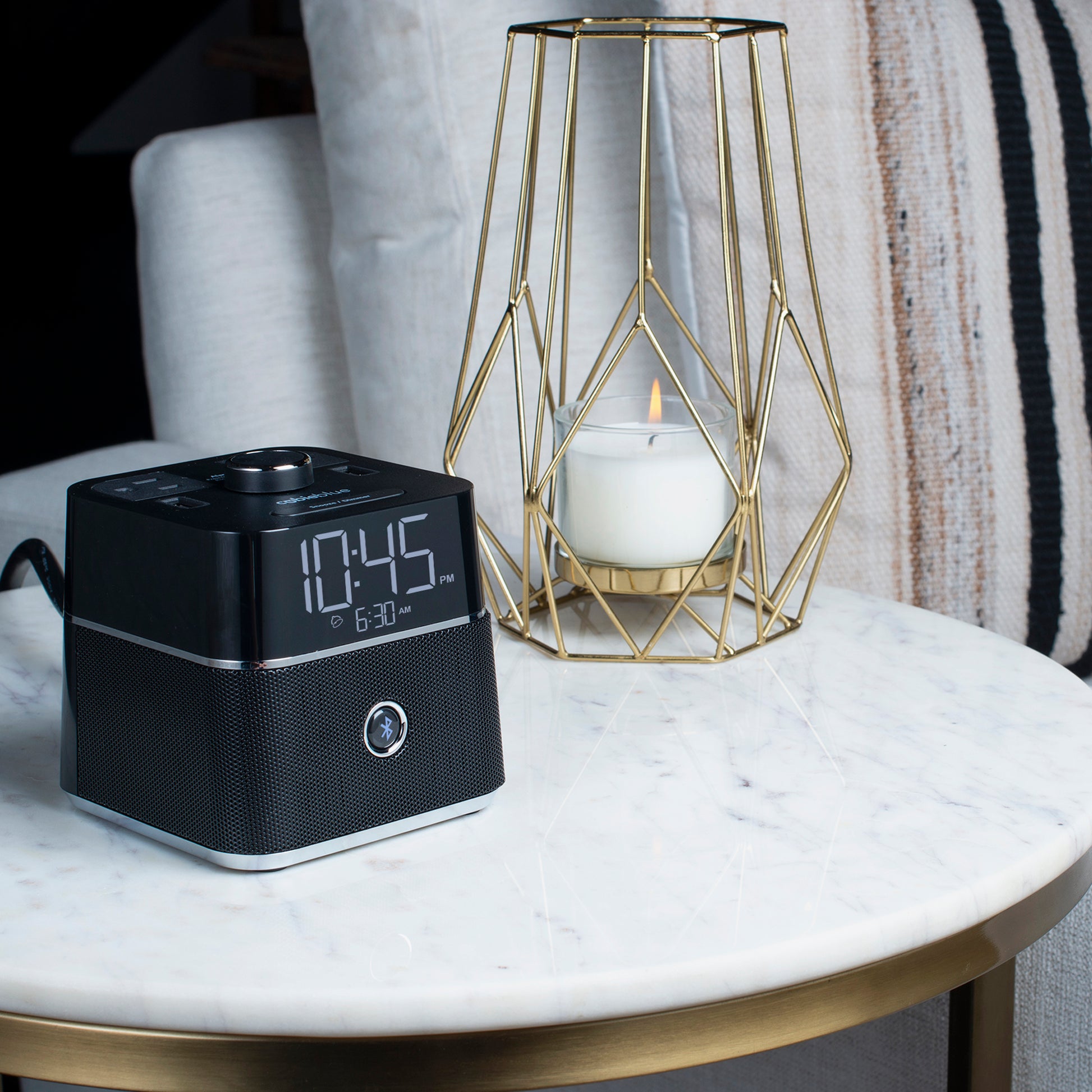 CubieBlue Hotel single day alarm clock with USB ports, power outlets and a bluetooth speaker