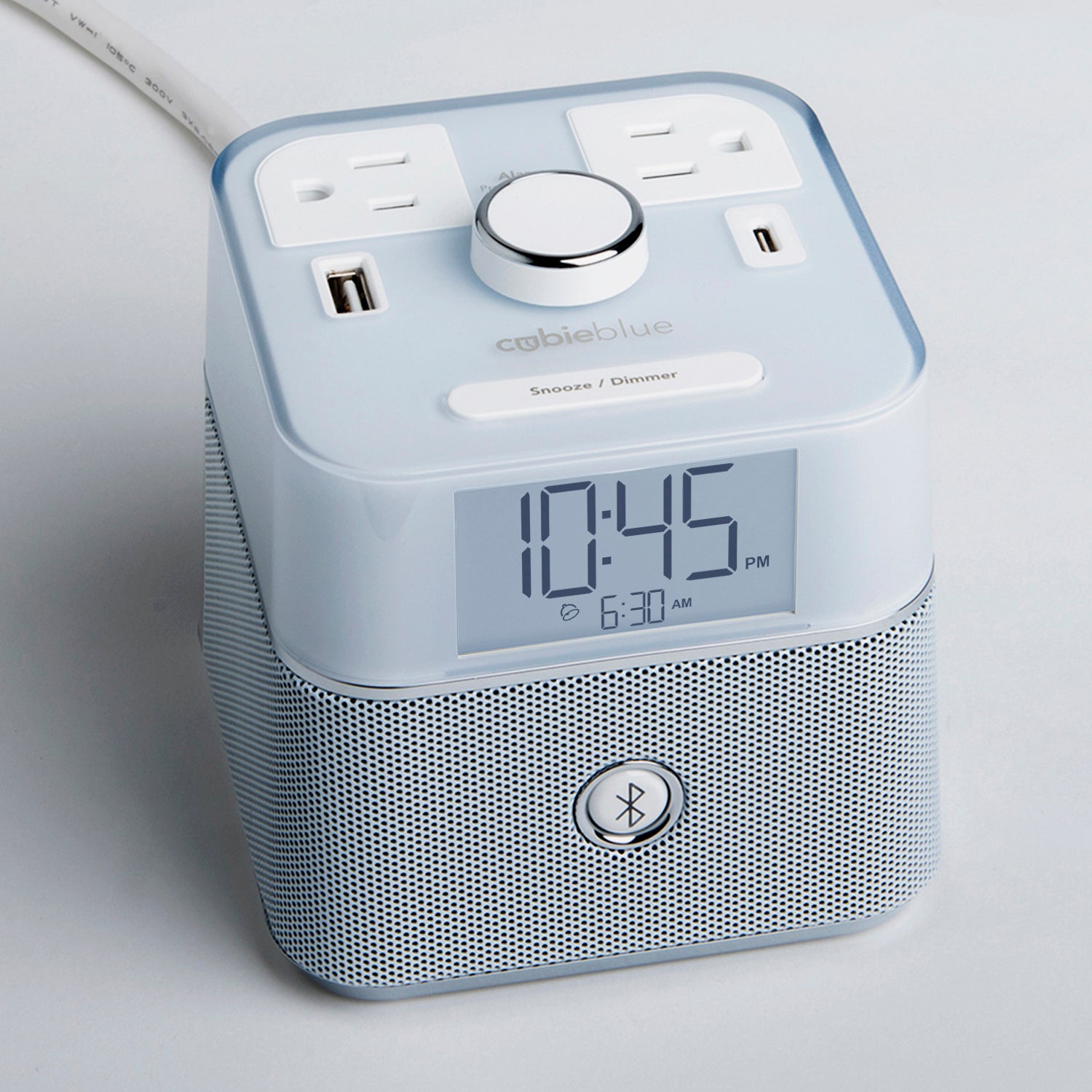 CubieBlue White Hotel single day alarm clock with USB ports, power outlets and a bluetooth speaker
