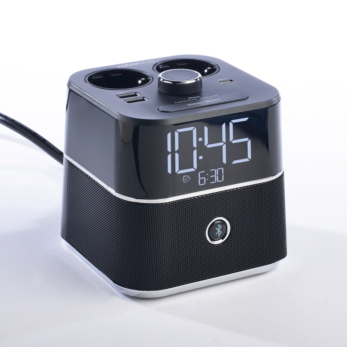 CubieBlue Hotel single day alarm clock with USB ports, power outlets and a bluetooth speaker