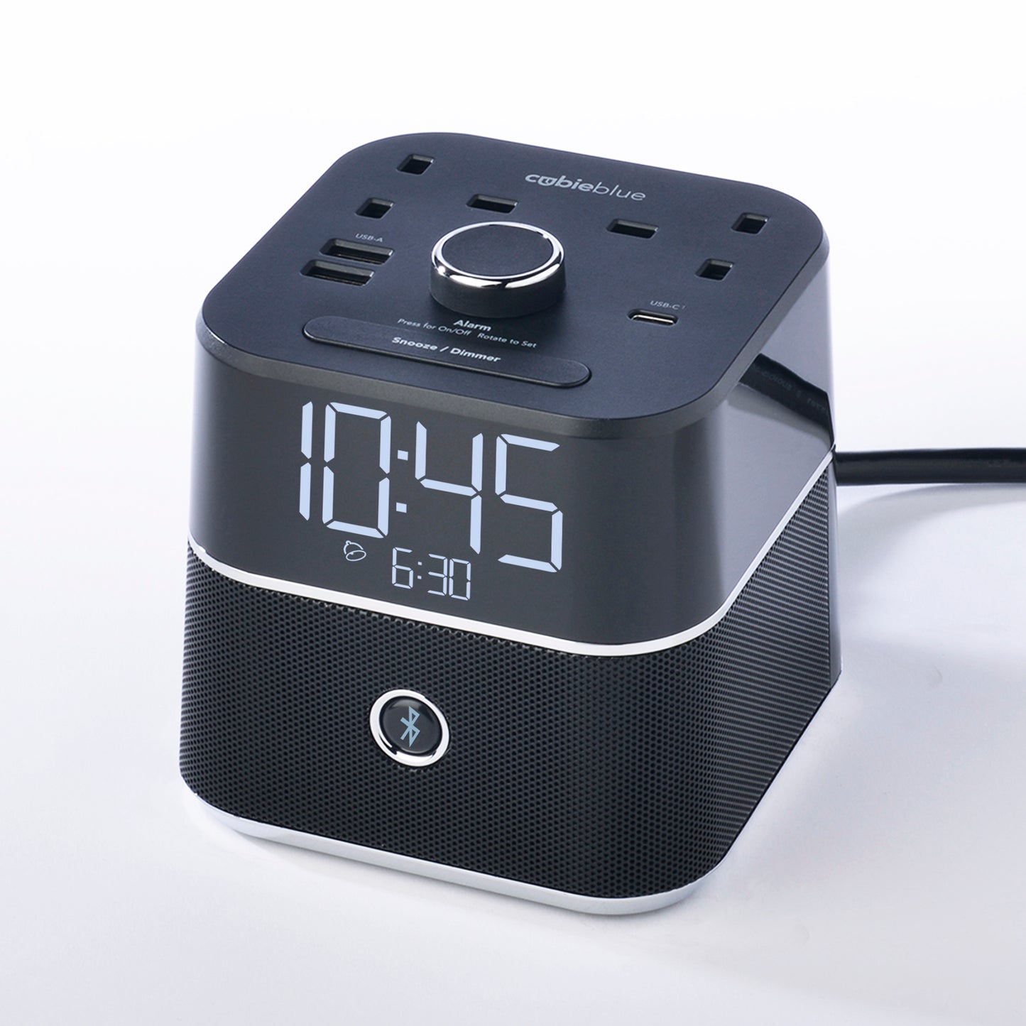 CubieBlue Hotel single day alarm clock with USB ports, power outlets and a bluetooth speaker