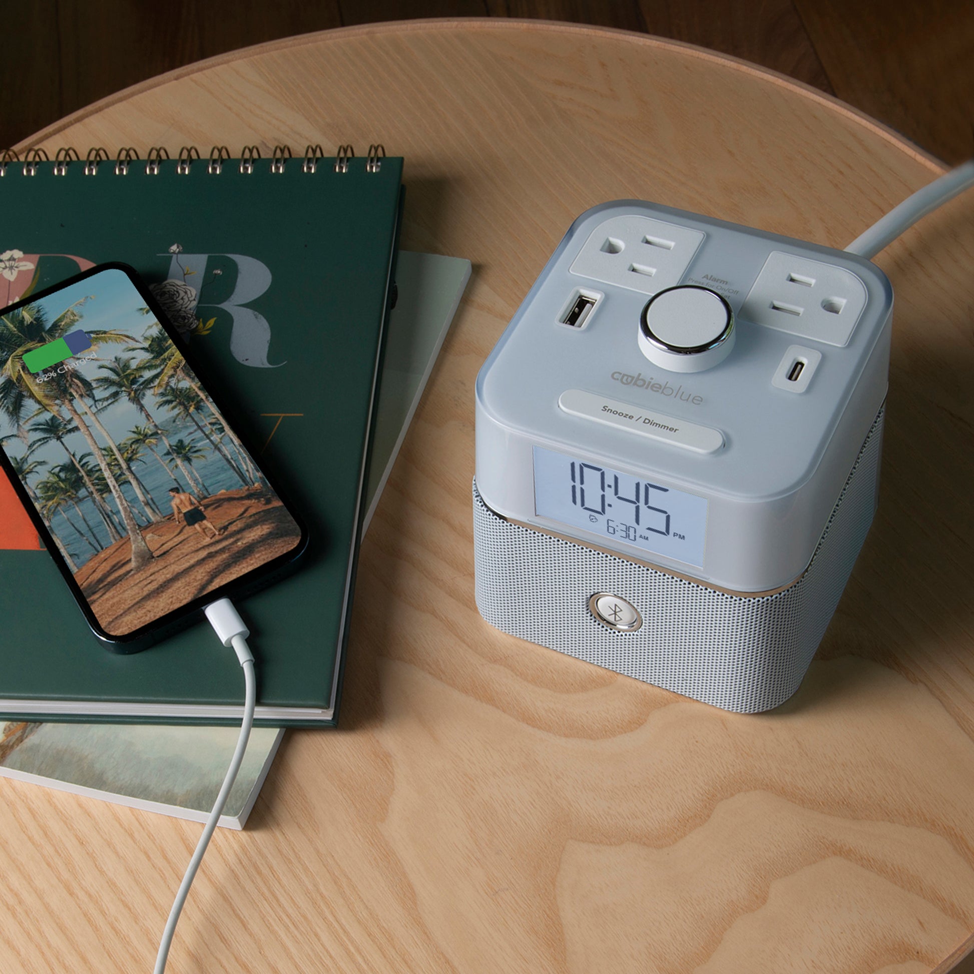 CubieBlue White Hotel single day alarm clock with USB ports, power outlets and a bluetooth speaker