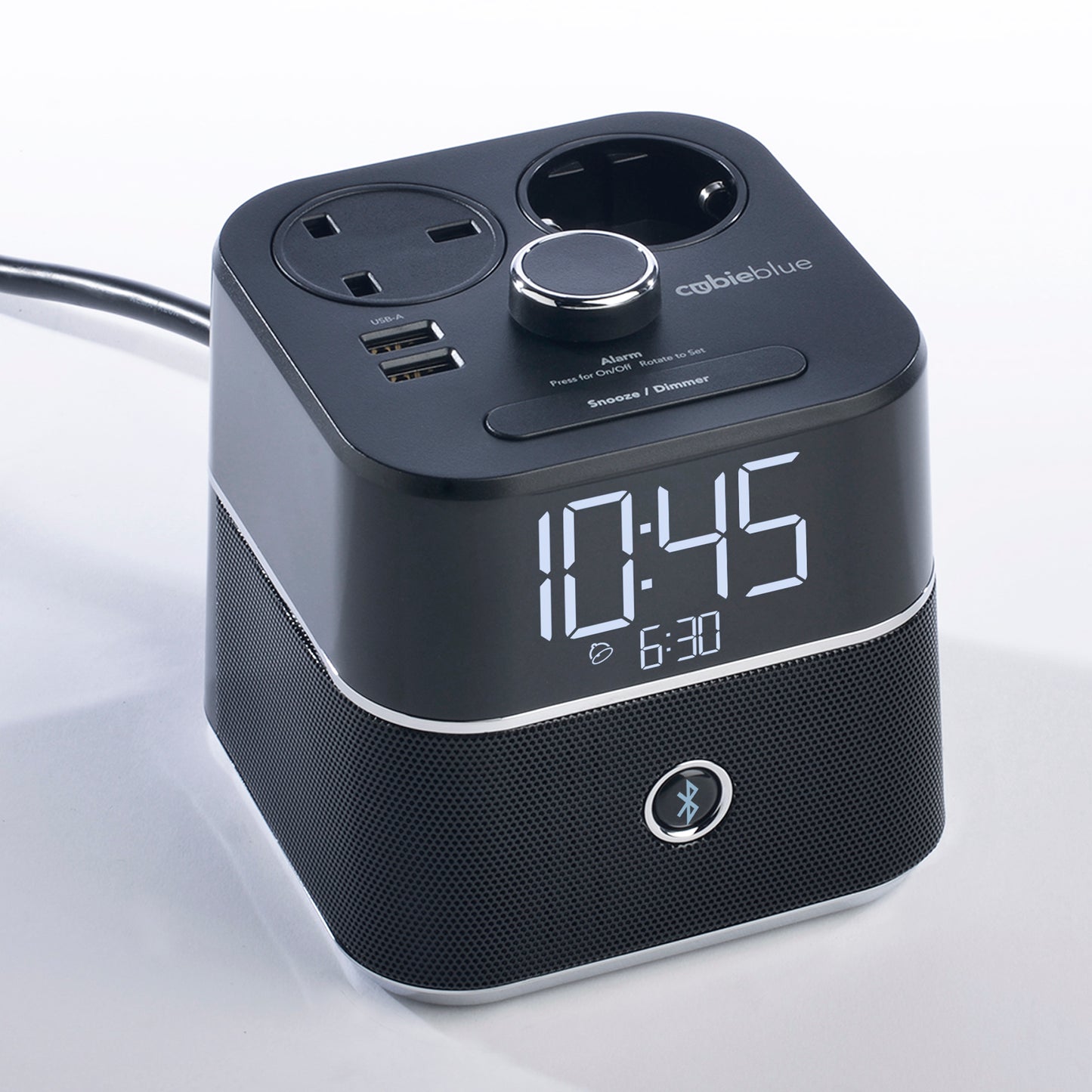 CubieBlue Hotel single day alarm clock with USB ports, power outlets and a bluetooth speaker