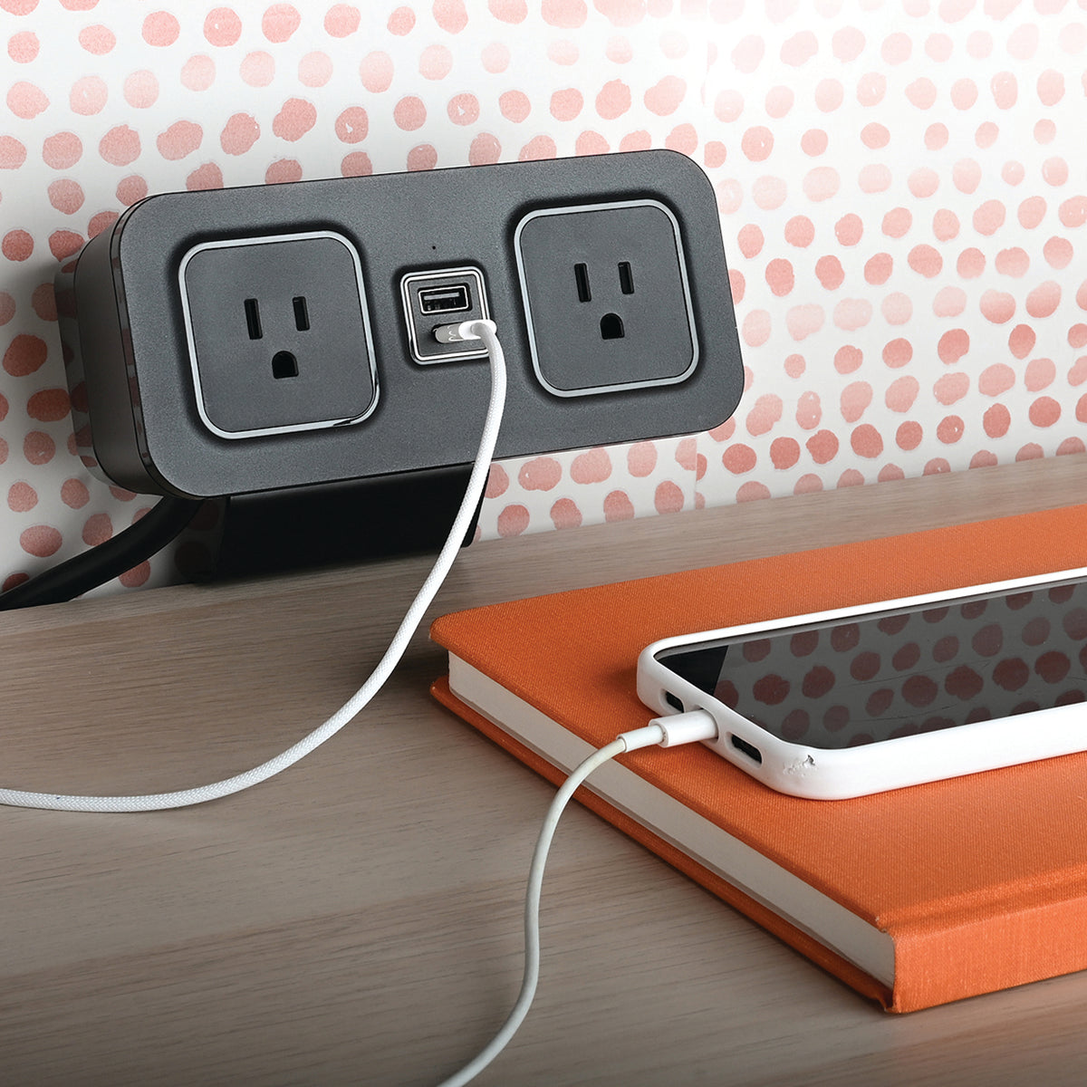 CubieDash hotel charging hub on a bracket with power outlets and usb ports