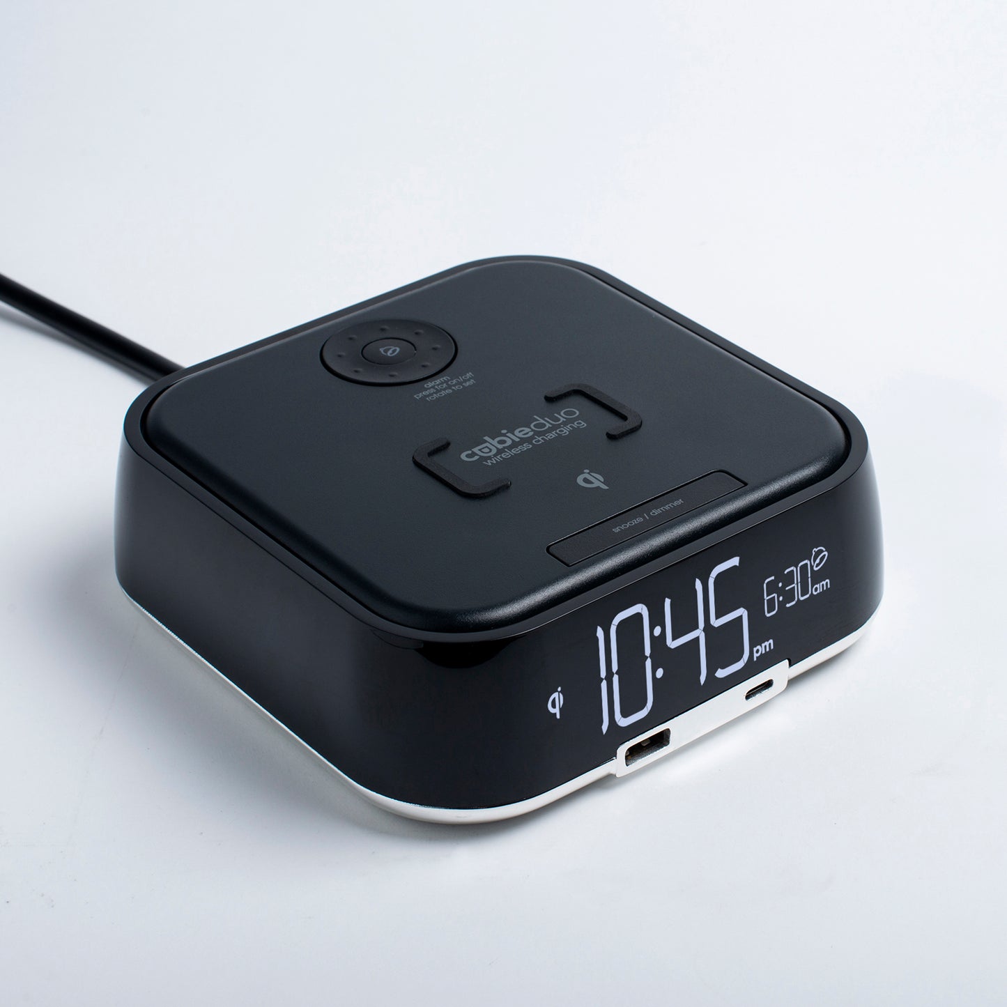 CubieDuo Hotel single day alarm clock with wireless charging and USB ports