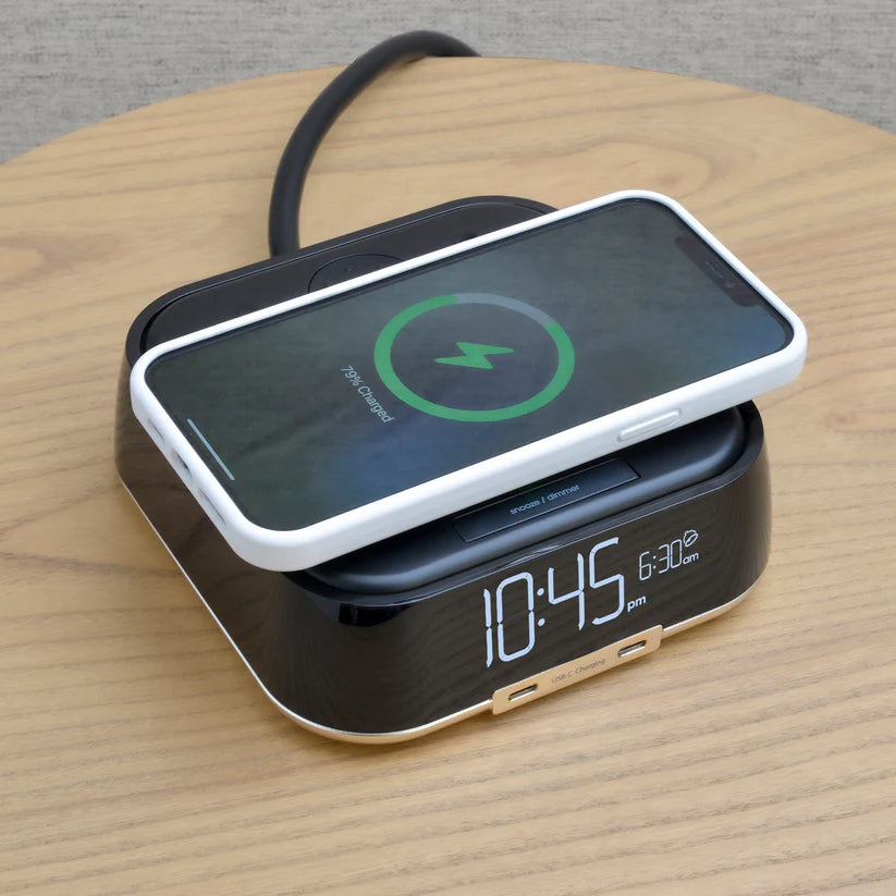 CubieDuo Hotel single day alarm clock with magnetic wireless charging and USB ports
