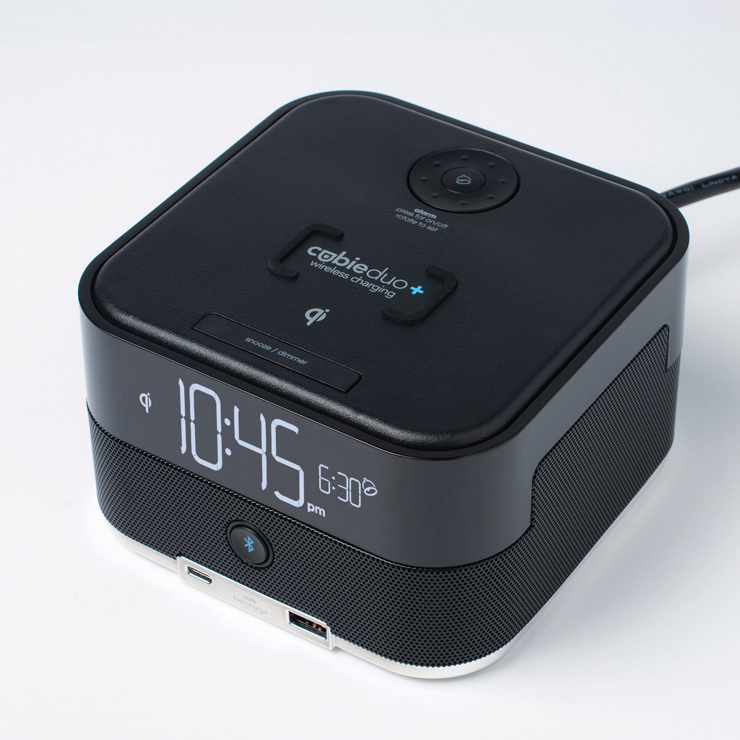 CubieDuo+ Hotel single day alarm clock with wireless charging, bluetooth speaker and USB ports