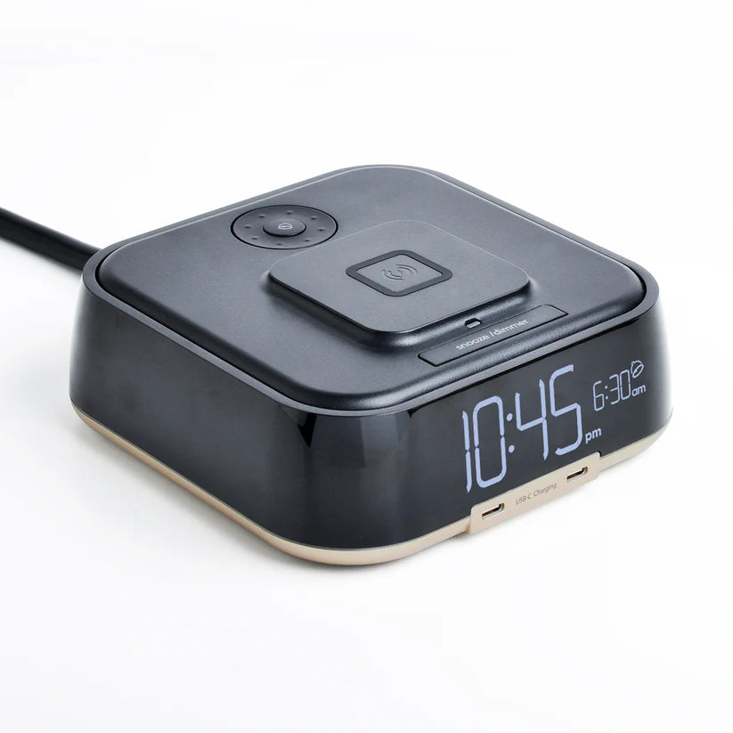 CubieDuo Hotel single day alarm clock with magnetic wireless charging and USB ports