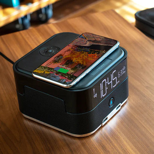 CubieDuo+ Hotel single day alarm clock with wireless charging, bluetooth speaker and USB ports