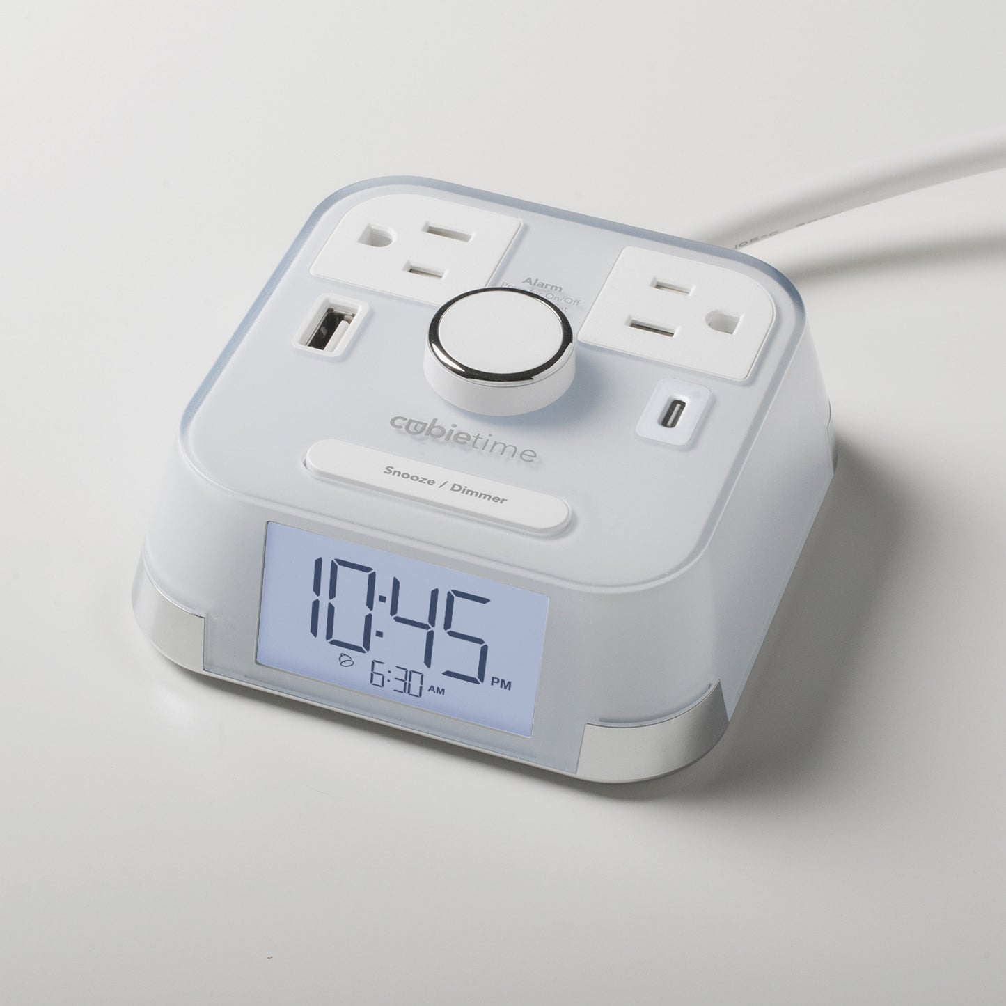 CubieTime White Hotel single day alarm clock with USB ports and power outlets