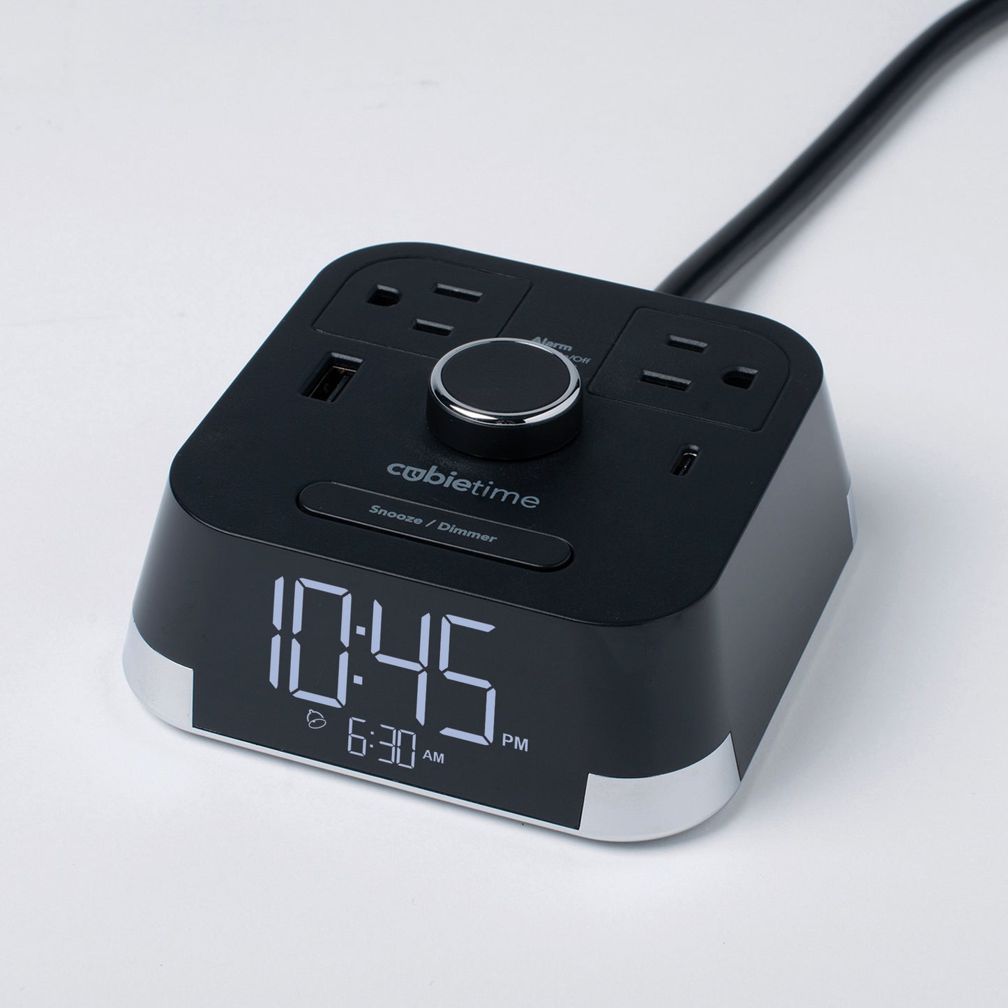 CubieTime Hotel single day alarm clock with USB ports and power outlets
