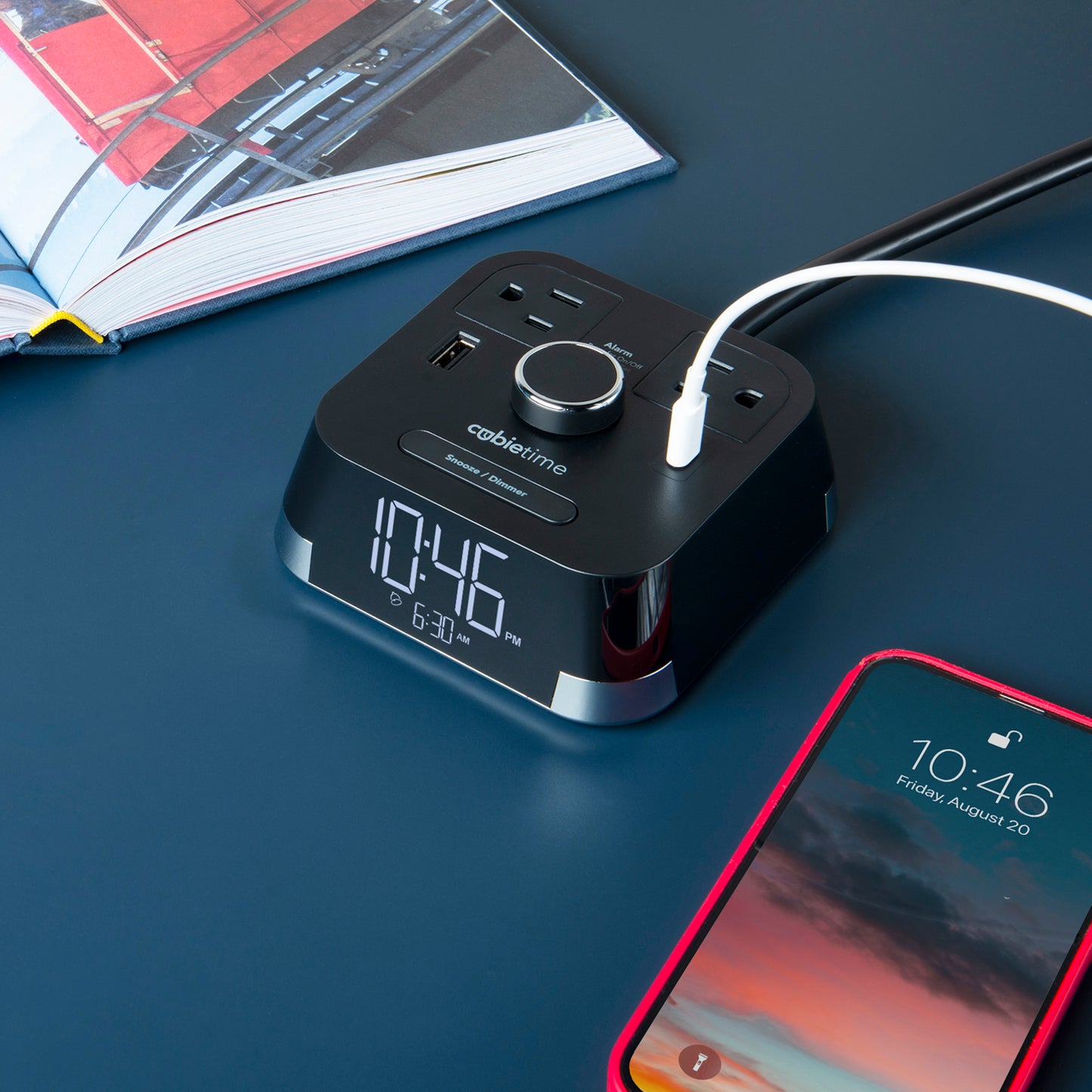 CubieTime Hotel single day alarm clock with USB ports and power outlets