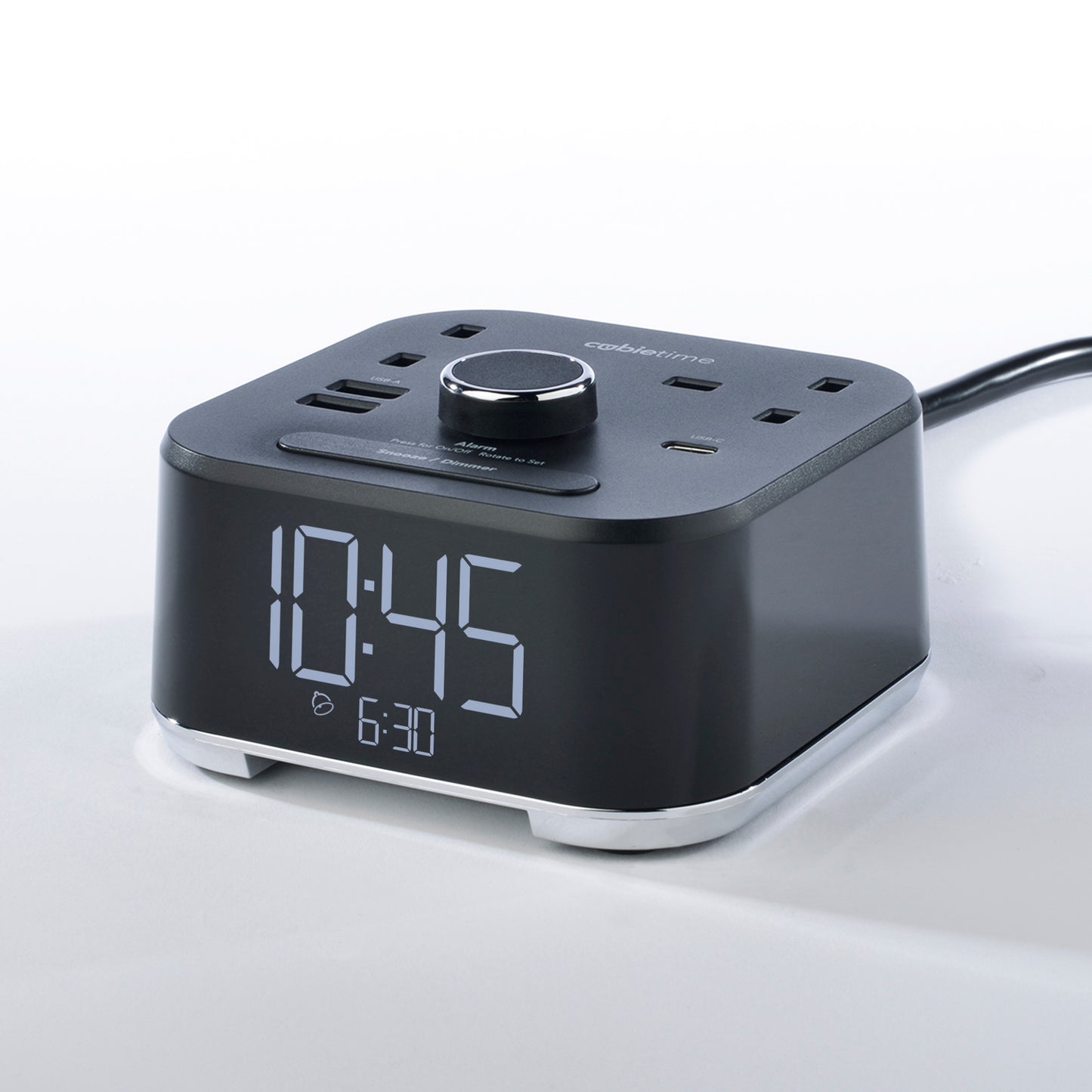 CubieTime Hotel single day alarm clock with USB ports and power outlets