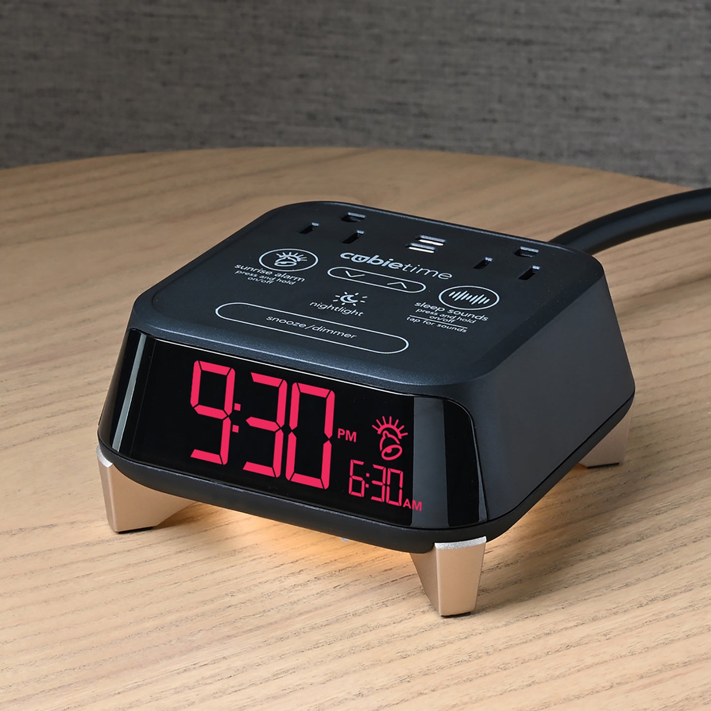 CubieTime Zen Hotel single day alarm clock with USB-C ports, power outlets, white noise, sunrise alarm rest-easy display and a nightlight.