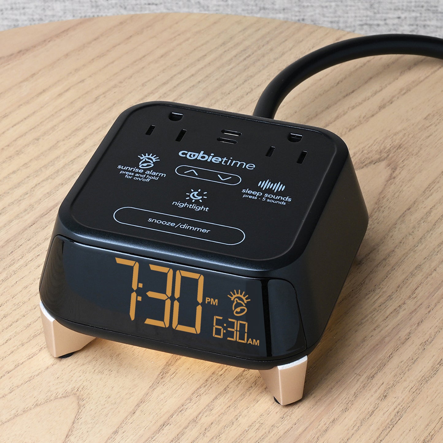 CubieTime Zen Hotel single day alarm clock with USB-C ports, power outlets, white noise, sunrise alarm rest-easy display and a nightlight.