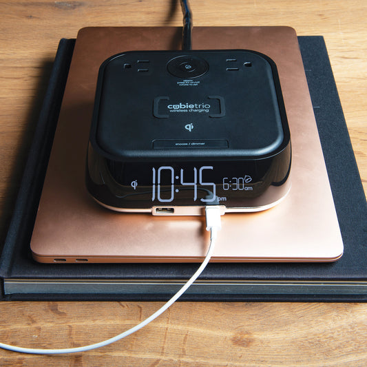 CubieTrio Hotel single day alarm clock with wireless charging USB ports and power outlets