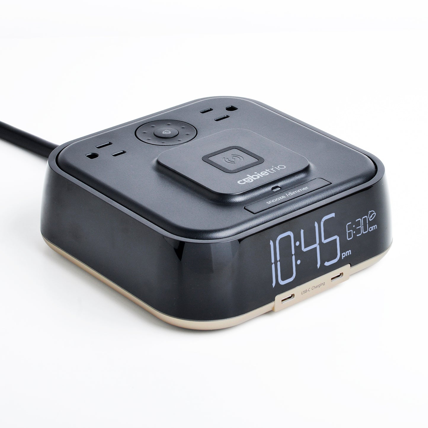 CubieTrio Hotel single day alarm clock with magnetic wireless charging USB ports and power outlets
