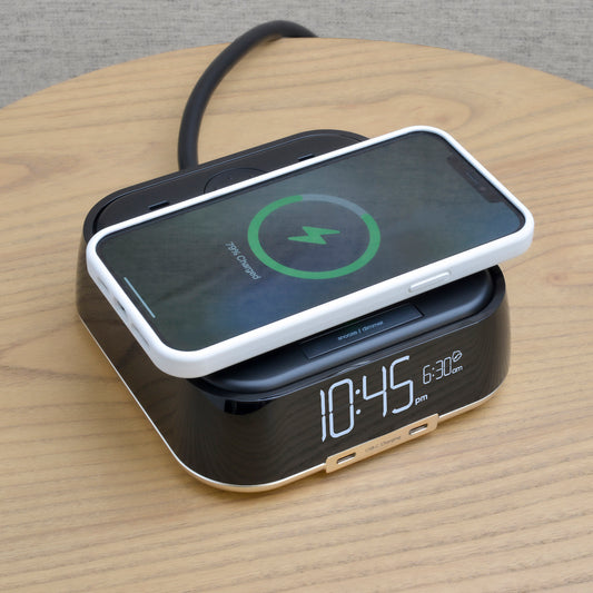 CubieTrio Hotel single day alarm clock with magnetic wireless charging USB ports and power outlets
