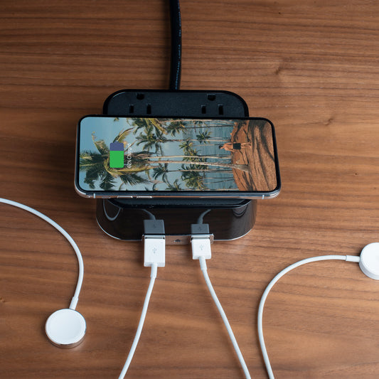 CubieVia hotel charging hub with wireless charging power outlets and usb ports