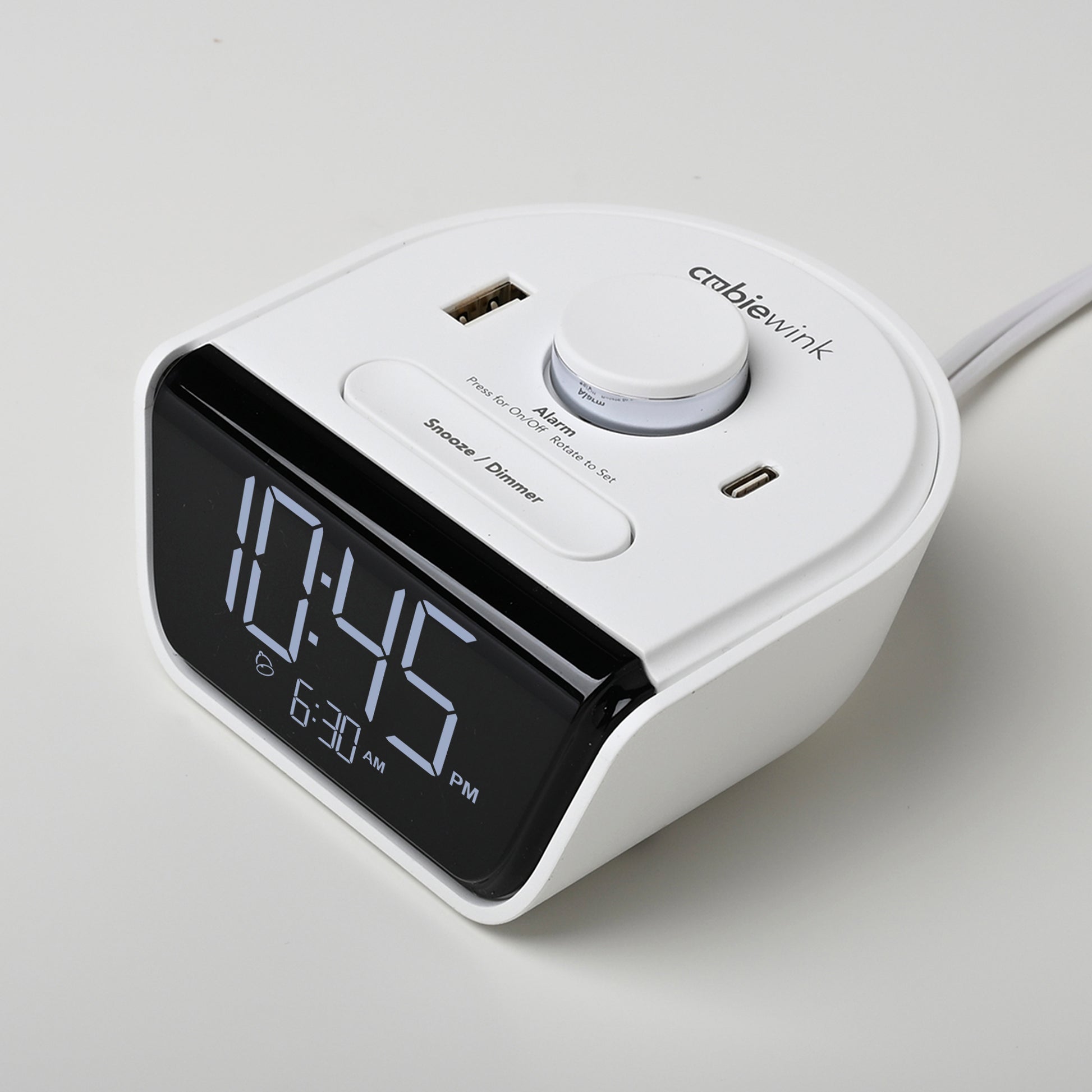 CubieWink White Hotel single day alarm clock with USB ports