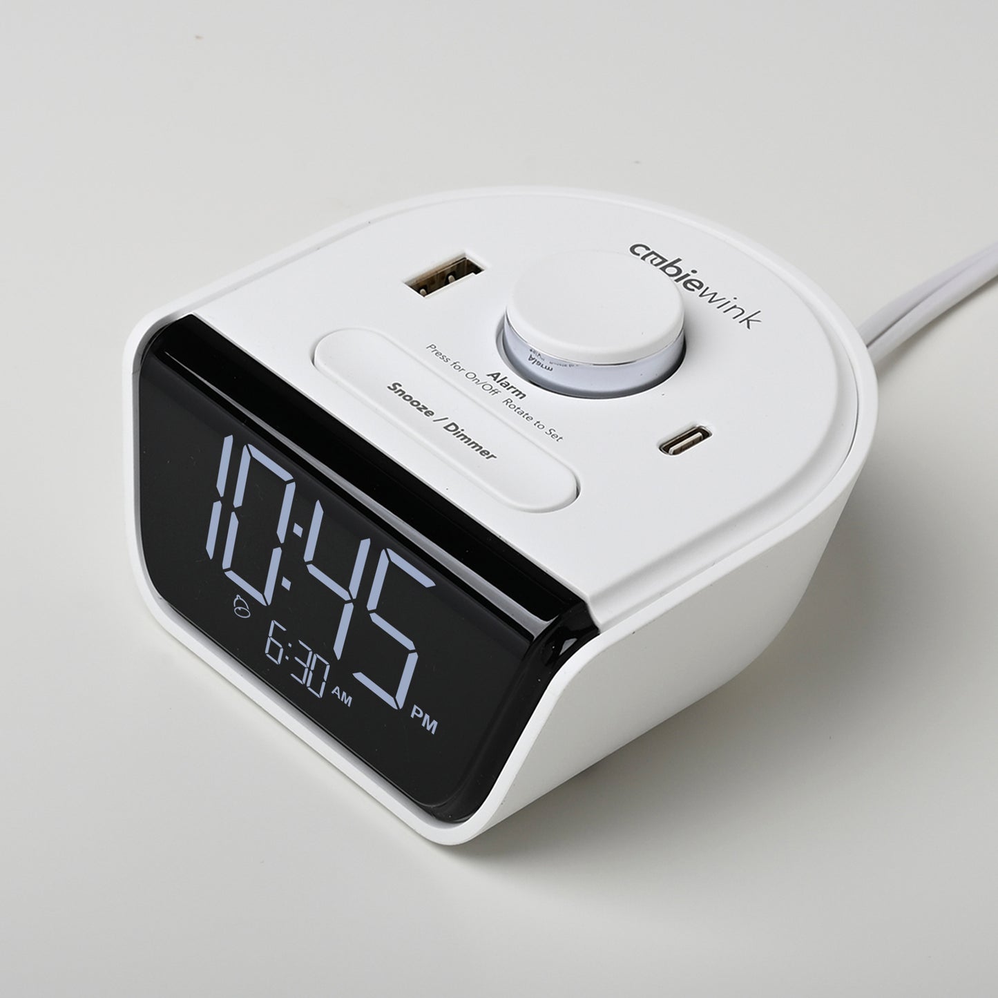 CubieWink White Hotel single day alarm clock with USB ports