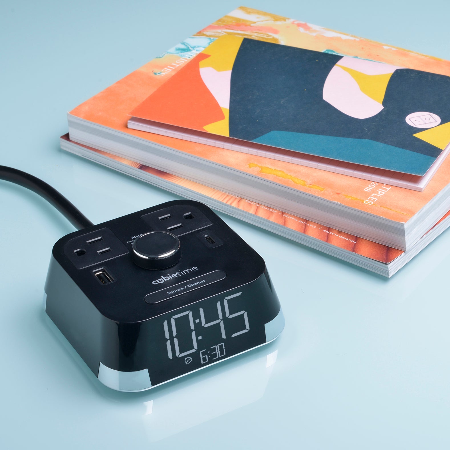 CubieTime Hotel single day alarm clock with USB ports and power outlets