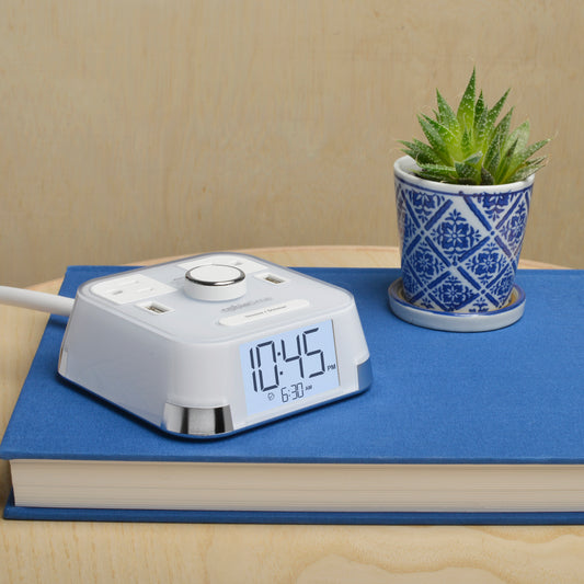 CubieTime White Hotel single day alarm clock with USB ports and power outlets