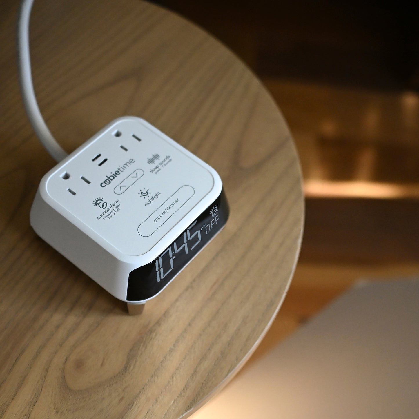 CubieTime Zen White Hotel single day alarm clock with USB-C ports, power outlets, white noise, sunrise alarm rest-easy display and a nightlight.
