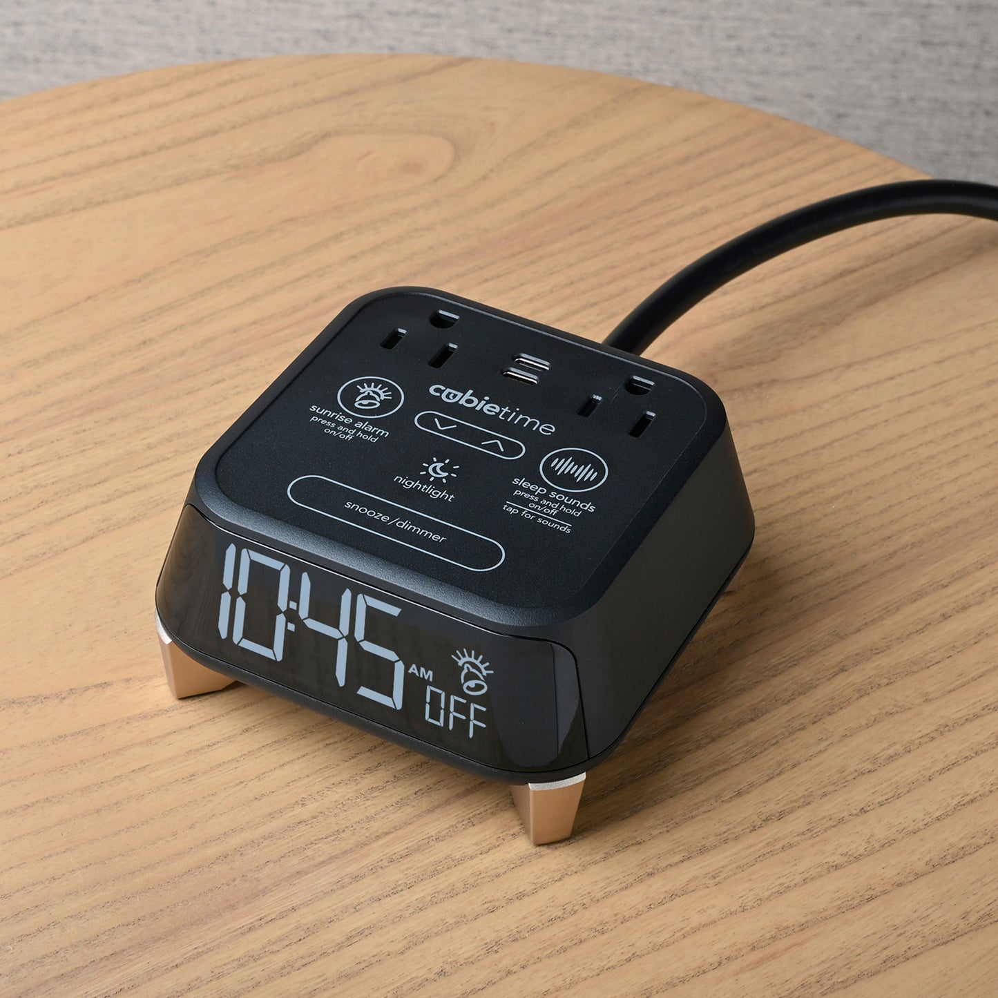CubieTime Zen Hotel single day alarm clock with USB-C ports, power outlets, white noise, sunrise alarm rest-easy display and a nightlight.