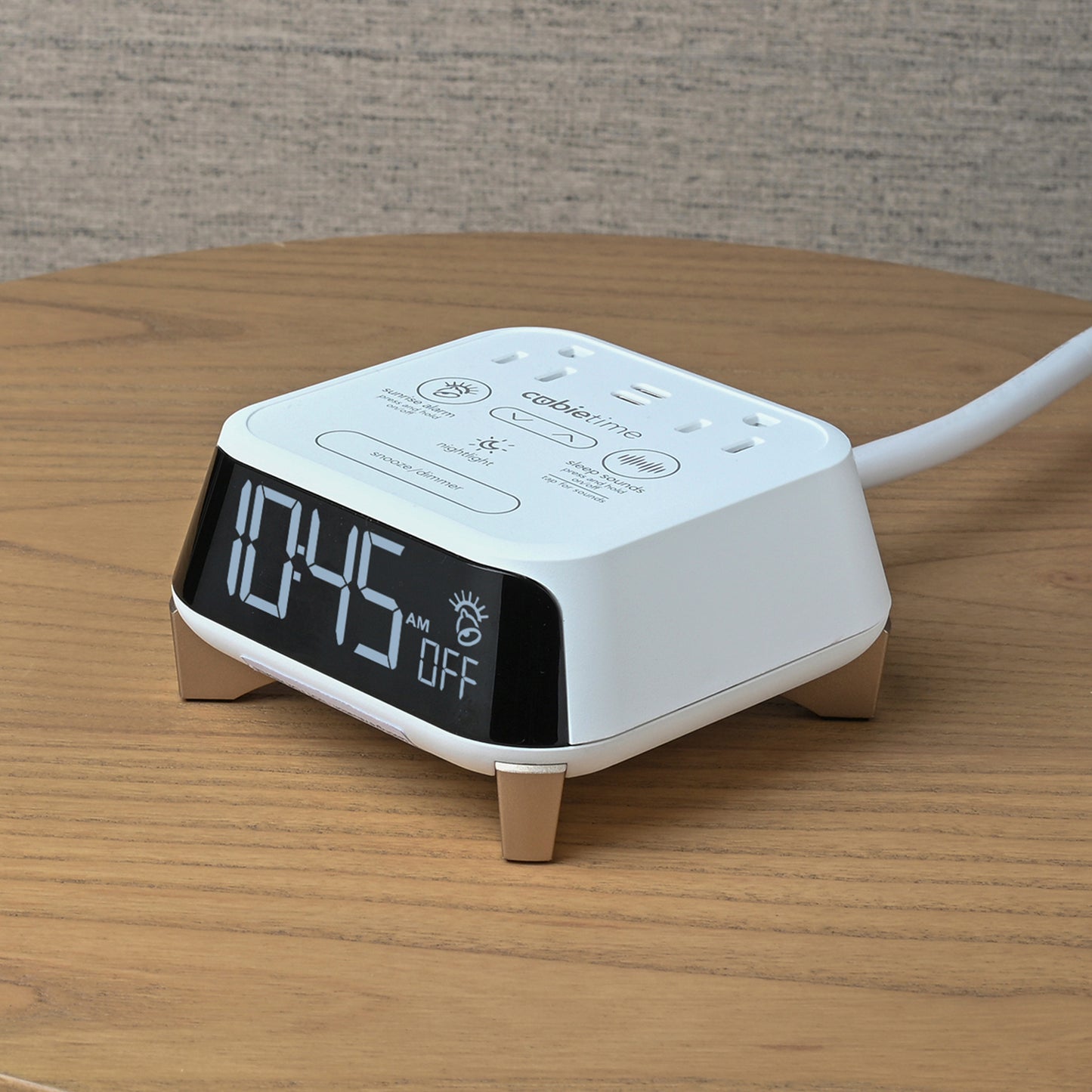CubieTime Zen White Hotel single day alarm clock with USB-C ports, power outlets, white noise, sunrise alarm rest-easy display and a nightlight.