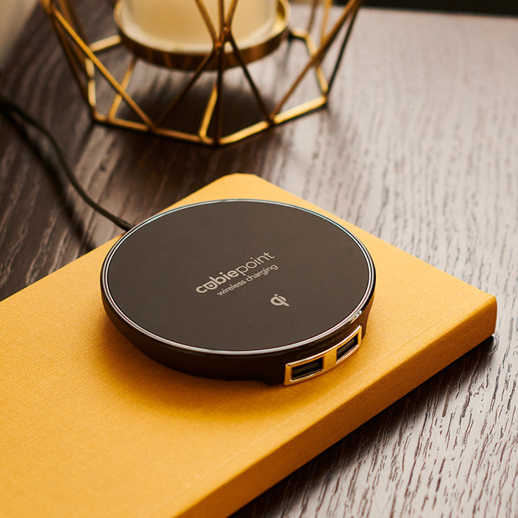 CubiePoint hotel charging hub with wireless charging and usb ports
