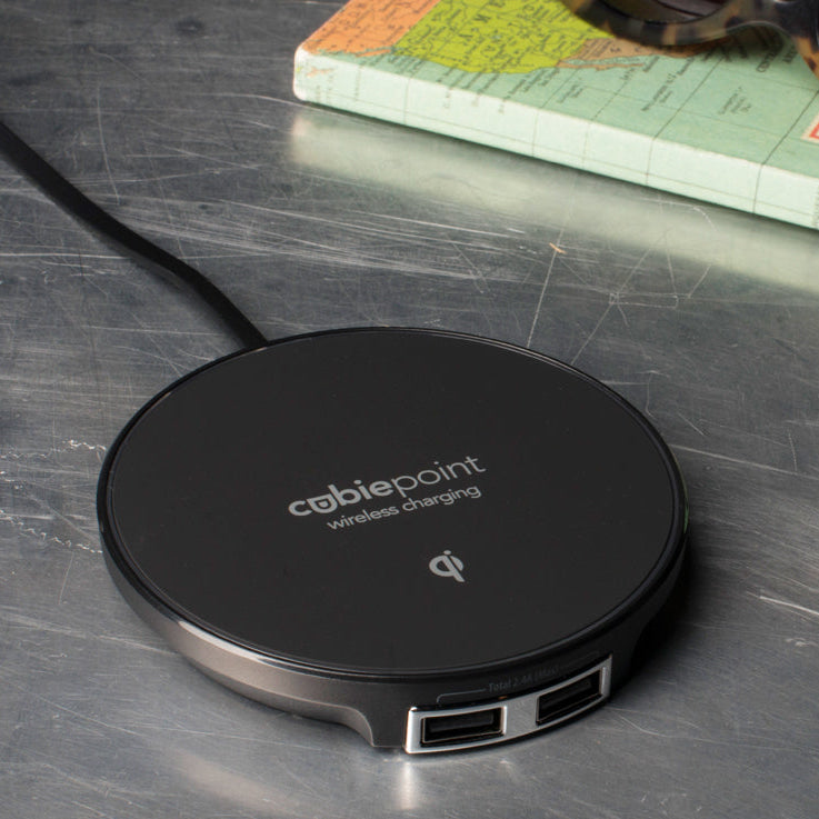 CubiePoint hotel charging hub with wireless charging and usb ports