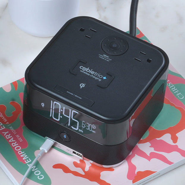 CubieTrio+<sup>®</sup>Open Box<br><h3>Wireless Charging Hotel Alarm Clock with Bluetooth Speaker Outlets and USB Ports</h3>