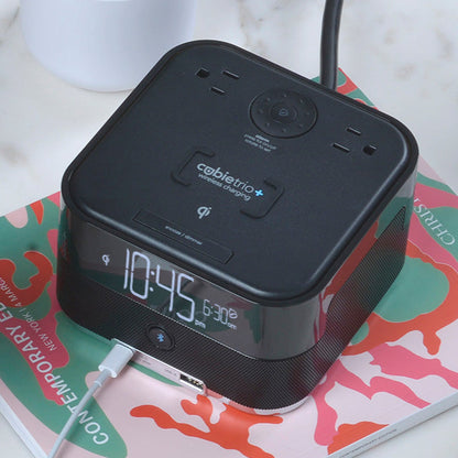 CubieTrio+<sup>®</sup>Open Box<br><h3>Wireless Charging Hotel Alarm Clock with Bluetooth Speaker Outlets and USB Ports</h3>