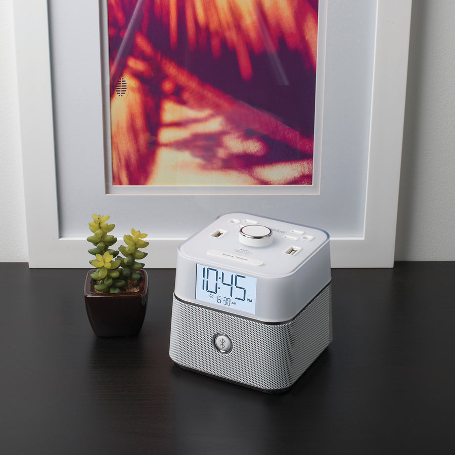 CubieBlue White Hotel single day alarm clock with USB ports, power outlets and a bluetooth speaker