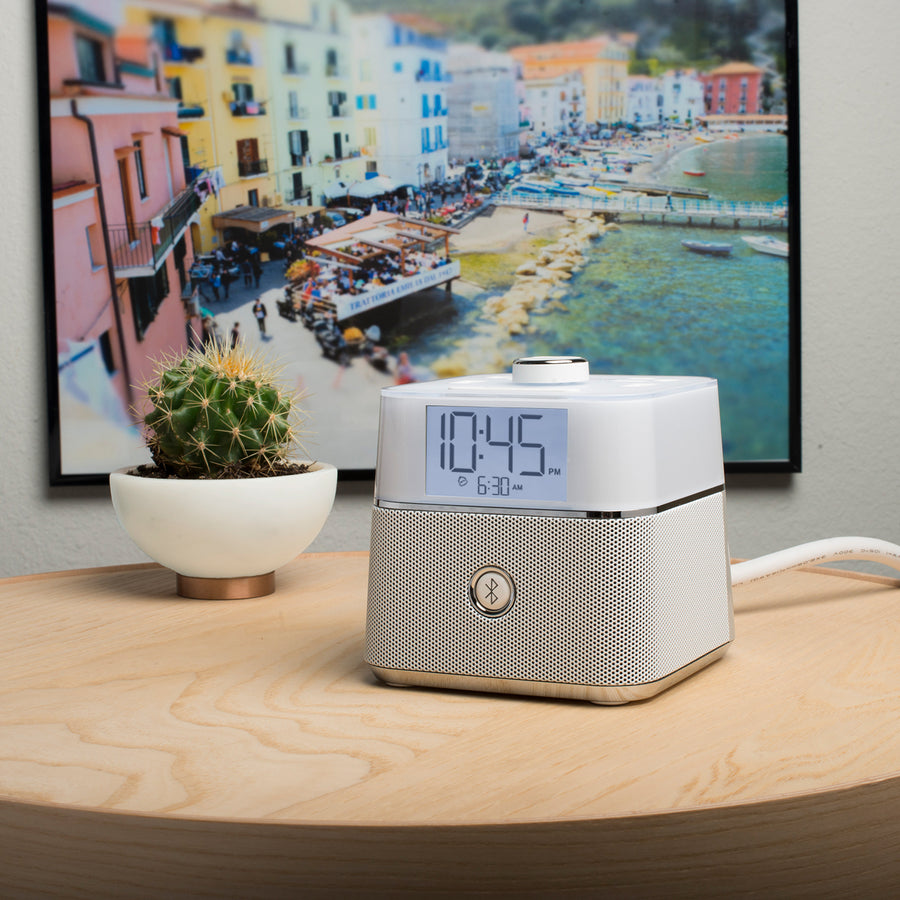 CubieBlue White Hotel single day alarm clock with USB ports, power outlets and a bluetooth speaker