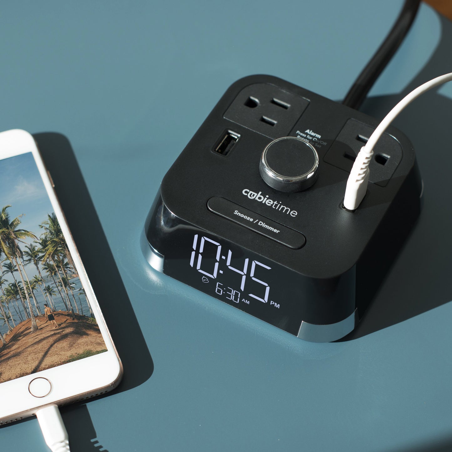 CubieTime <sup>®</sup> 1.0 Open Box<br><h3>Hotel Charging Alarm Clock with Outlets and USB Ports</h3>