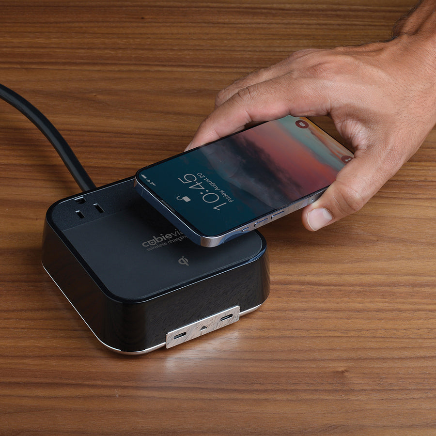 CubieVia hotel charging hub with wireless charging power outlets and usb ports