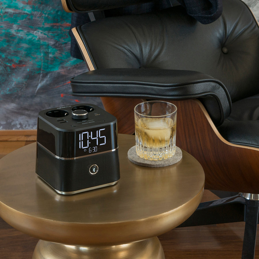 CubieBlue Hotel single day alarm clock with USB ports, power outlets and a bluetooth speaker