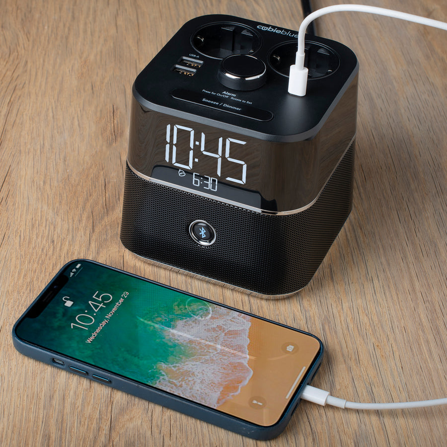 CubieBlue Hotel single day alarm clock with USB ports, power outlets and a bluetooth speaker