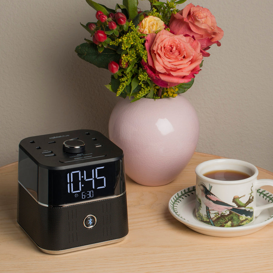CubieBlue Hotel single day alarm clock with USB ports, power outlets and a bluetooth speaker
