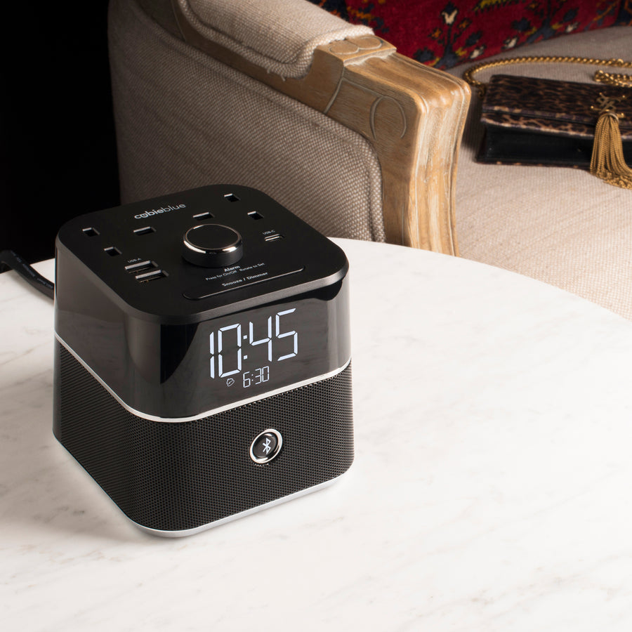 CubieBlue Hotel single day alarm clock with USB ports, power outlets and a bluetooth speaker